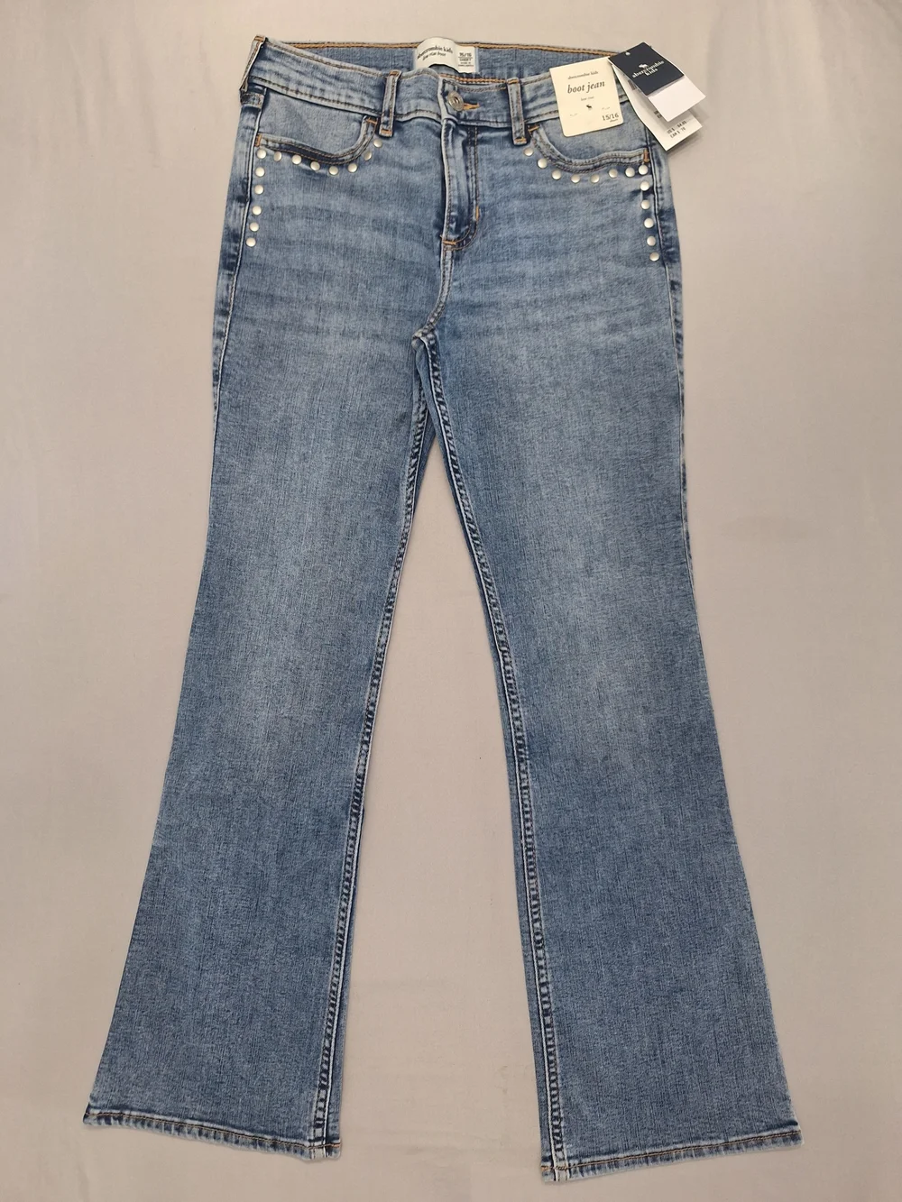 abercrombie kids Light Blue Low Rise Boot Jeans with Studded Detail- 15/16 Short